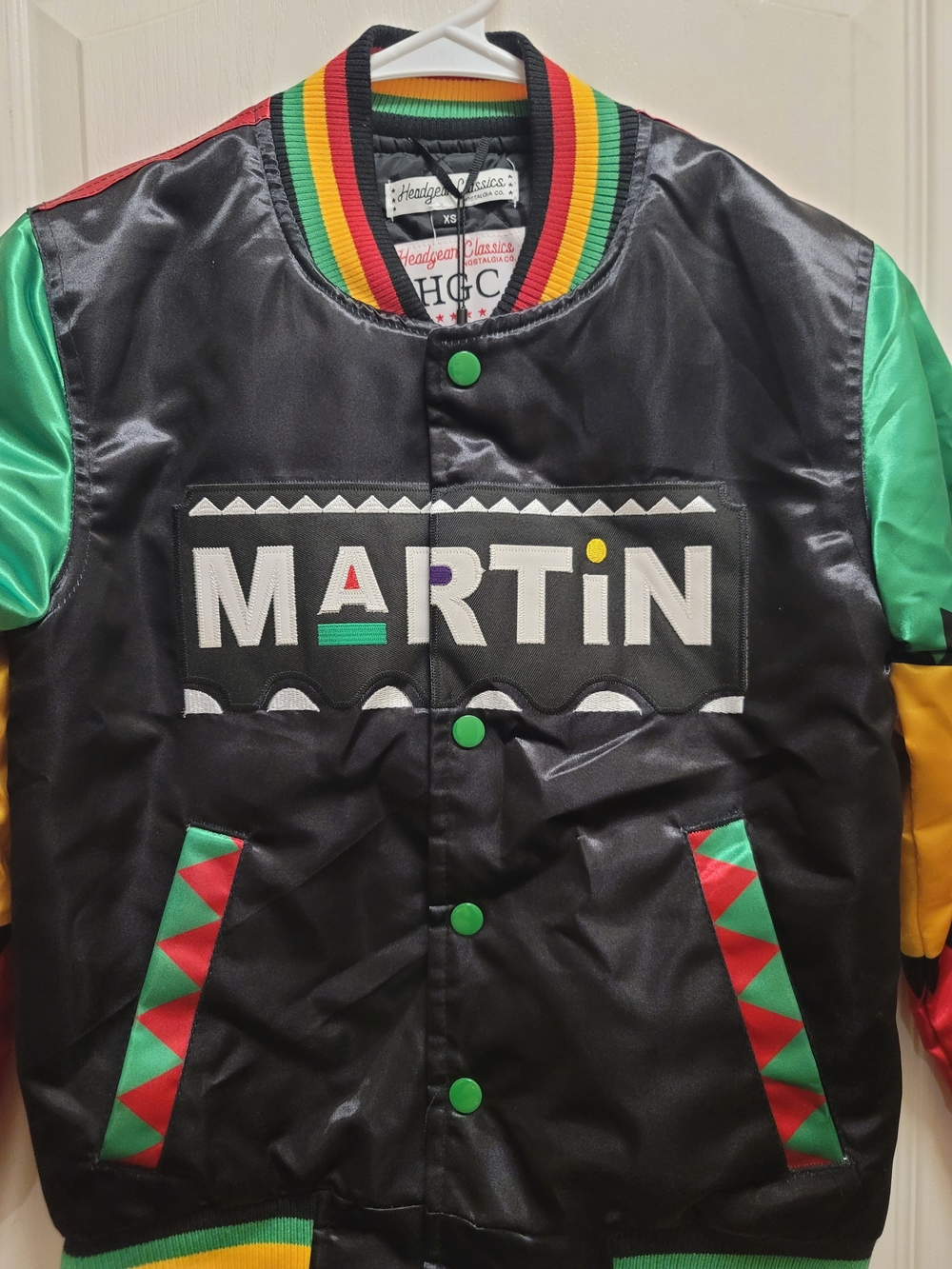 Martin Kids' Black Satin Bomber Jacket with Colorful Trim - Youth X-Small - NWT